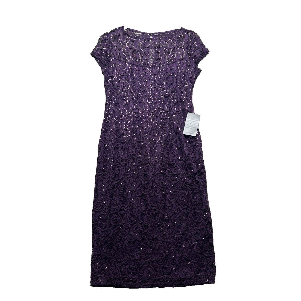 NEW Marina Size 4 Floral Lace Sequin Stretch Sheath Dress Purple Knee Length Zip